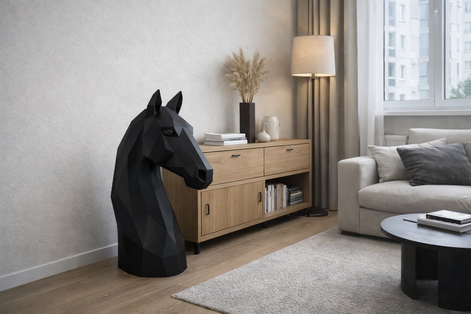 Скульптура головы лошади в стиле low‑poly